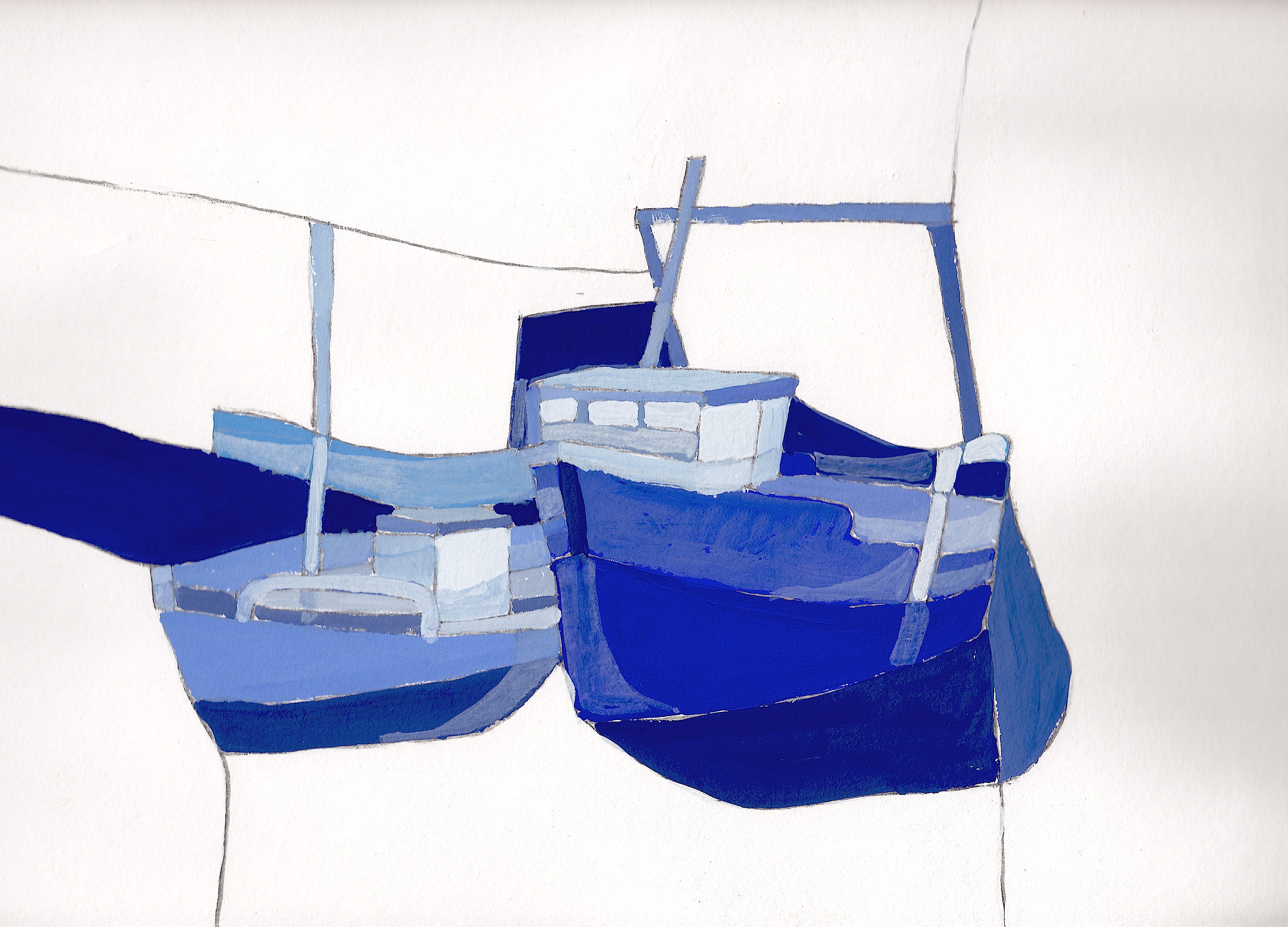BATEAUX ISLAND GOUACHE 28X37 2013 JACQUES RNEVEY